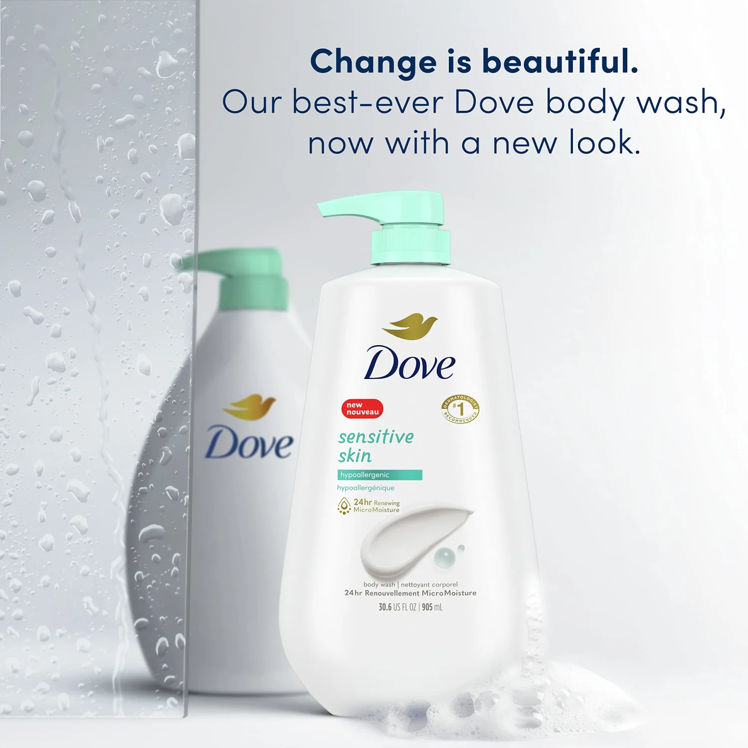 Dove Body Wash 3 Count with Pump Sensitive Skin Hypoallergenic, Paraben-Free, Sulfate-Free, Cruelty-Free, Moisturizing Skin Cleanser Effectively Washes Away Bacteria While Nourishing Skin 30.6 oz