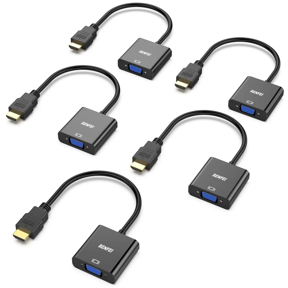 BENFEI HDMI to VGA, 5 Pack, Gold-Plated HDMI to VGA Adapter (Male to Female) for Computer, Desktop, Laptop, PC, Monitor, Projector, HDTV, Chromebook, Raspberry Pi, Roku, Xbox and More - Black