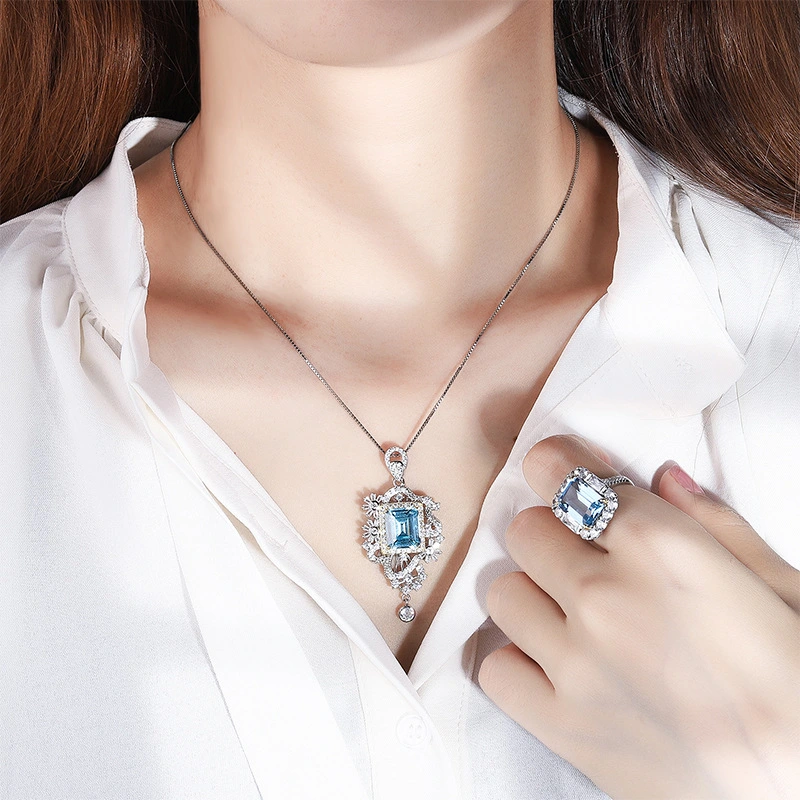 Simulated Aquamarine Pendant Ring Set