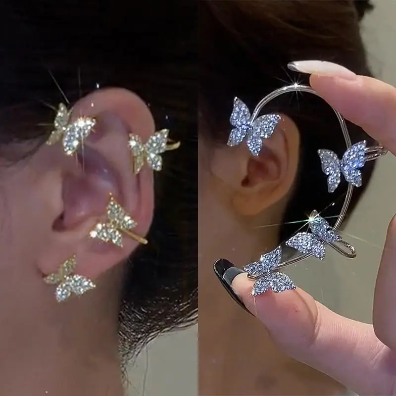 1Pcs Korean Fashion Rhinestone Butterfly Ear Clips Without Piercing for Women Girls Sparkling Zircon Ear Cuff Clip Earrings Wedding Jewelry Gifts