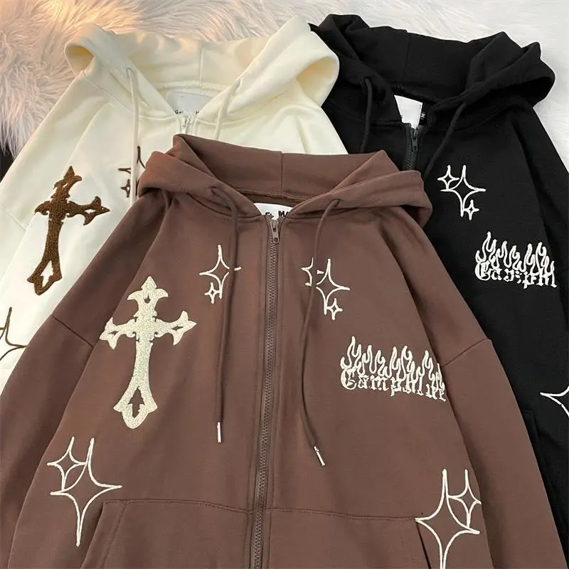 Cardigan Hoodie Men's Embroidered Cross Flame Jacket Spring and Autumn American Style Hip Hop Couple Loose Retro Tops