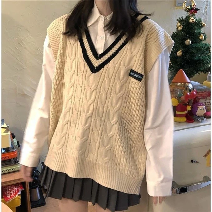 women's preppy style color matching collar uniform knitted sweater