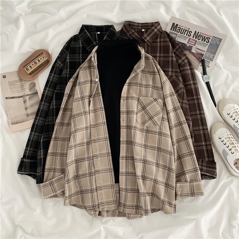 Retro mid-length plaid shirt women's long-sleeved Hong Kong flavor loose plus-size women's clothing Korean style spring outerwear student tops