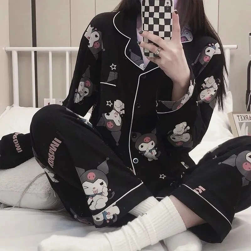 Japanese Korean version of cartoon pajamas female Kulomi cute girl heart ins style long-sleeved trousers home service autumn net red