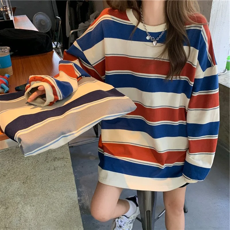 Striped chic sweater women/loose Korean bf lazy style plus size women's T-shirt