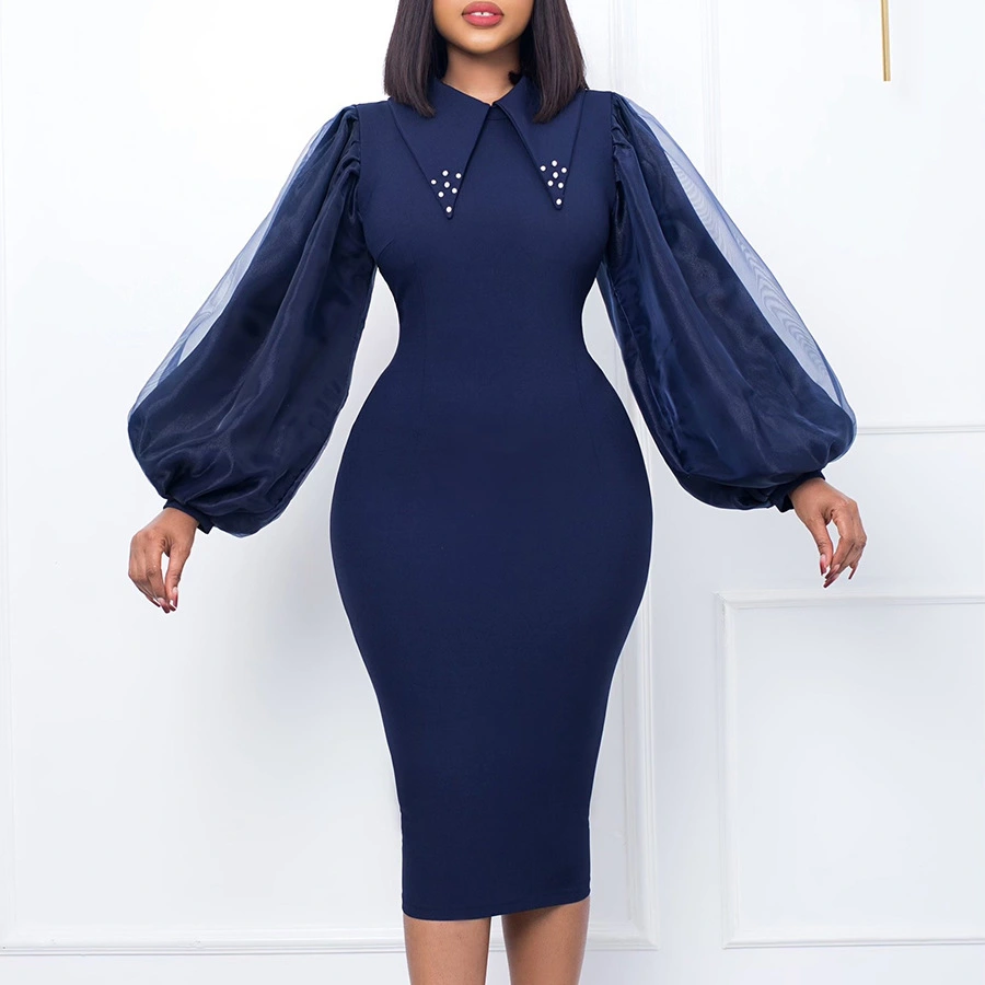 Women's Clothing Spring And Autumn Long Sleeve Large Size Sheath Beaded Mesh Stitching Ol Pencil Skirt