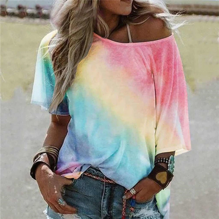 Women's summer new rainbow strip printing multi-color stitching loose fashion short-sleeved T-shirt