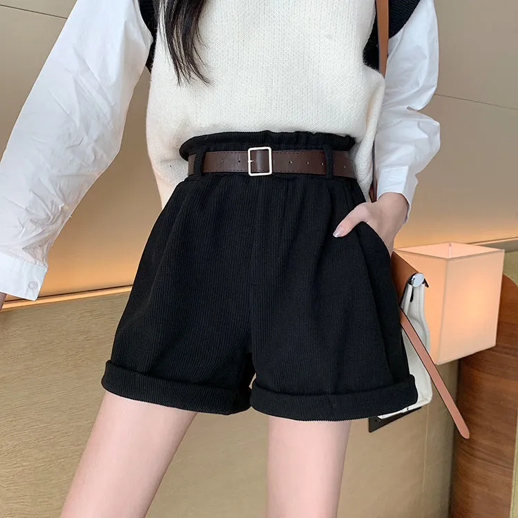 2023 NEW Corduroy wide leg shorts women's, Korean version of high waist show thin student boots pants