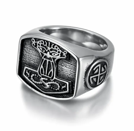 Beowulf Regalia Handcrafted Stainless Steel 'Aged' Mjolnir Signet Ring