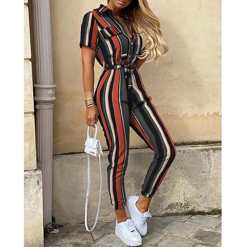 Summer hot style European and American women's casual lapel printed belt tooling jumpsuit