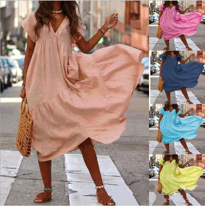 Summer New Hot Candy V-Neck Irregular Loose Size Long Dress