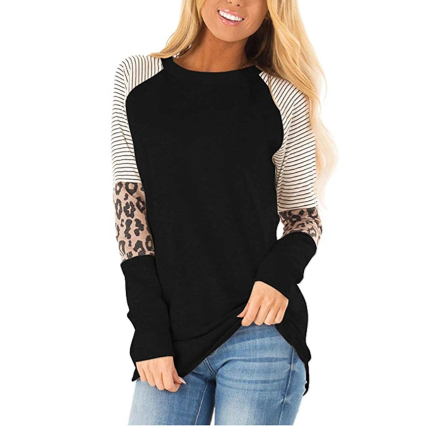 2023 New Hot Style Women's Leopard Print Round Neck Long Sleeve Contrasting Color T-Shirt