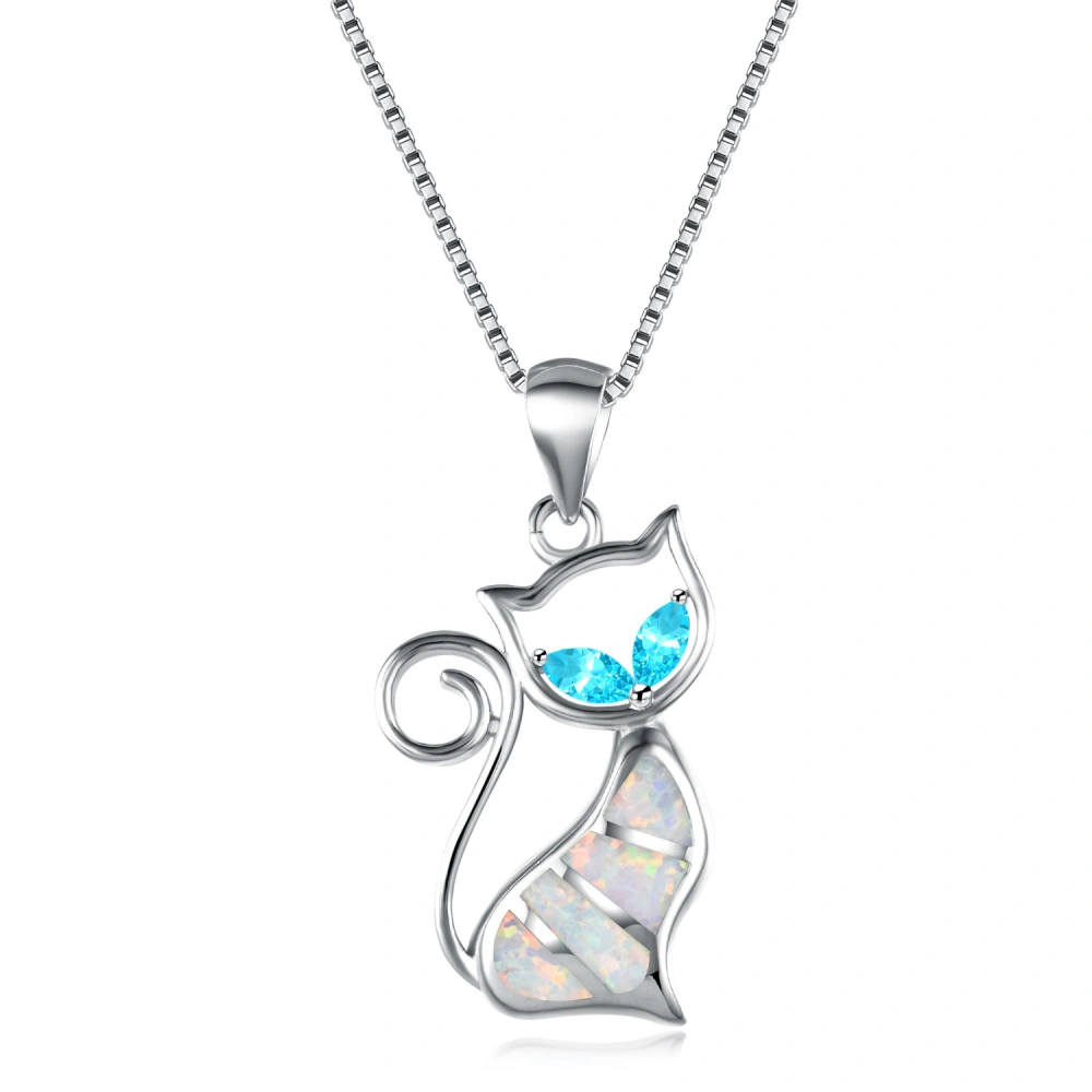 Two Aqua Blue Diamonds + Blue Opal Cat Pendant Necklace