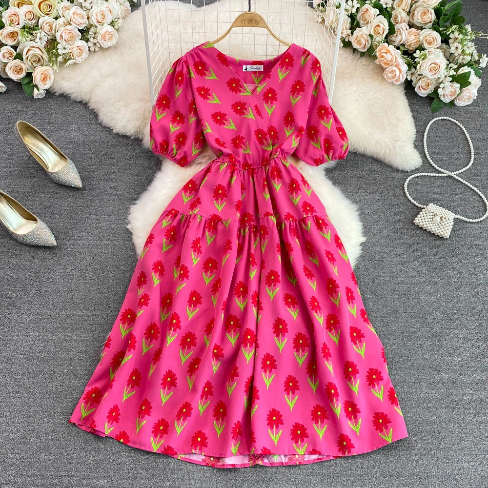 Women's Temperament V-neck Bubble Sleeve Waistline Hem Dress