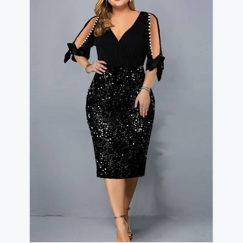 2023 European and American new Zinc ebay European station V-neck personality sequin design large size women's dress