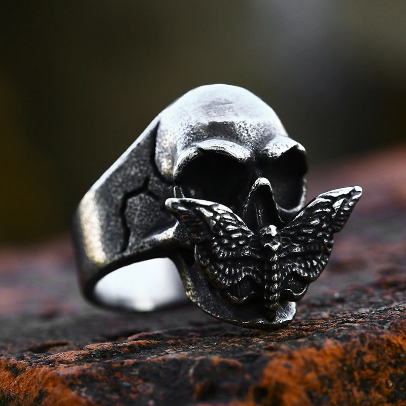 Stainless Steel Moth Skull Ring