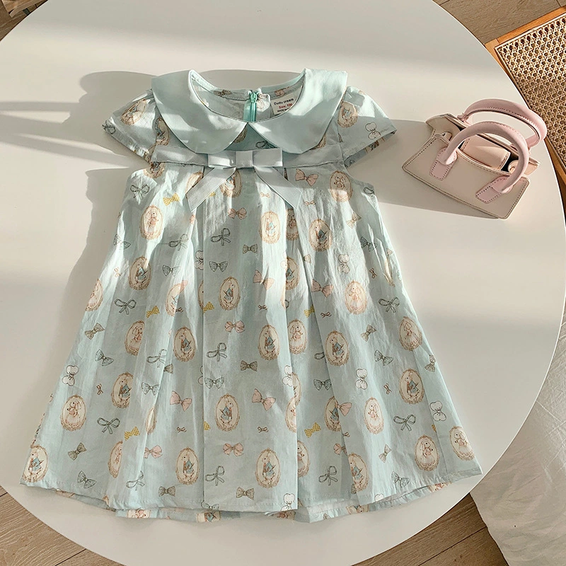 French Style Bow Pleated Girls' Dress Peter Rabbit Printed Short Sleeve Baby Girls' Cotton Skirt