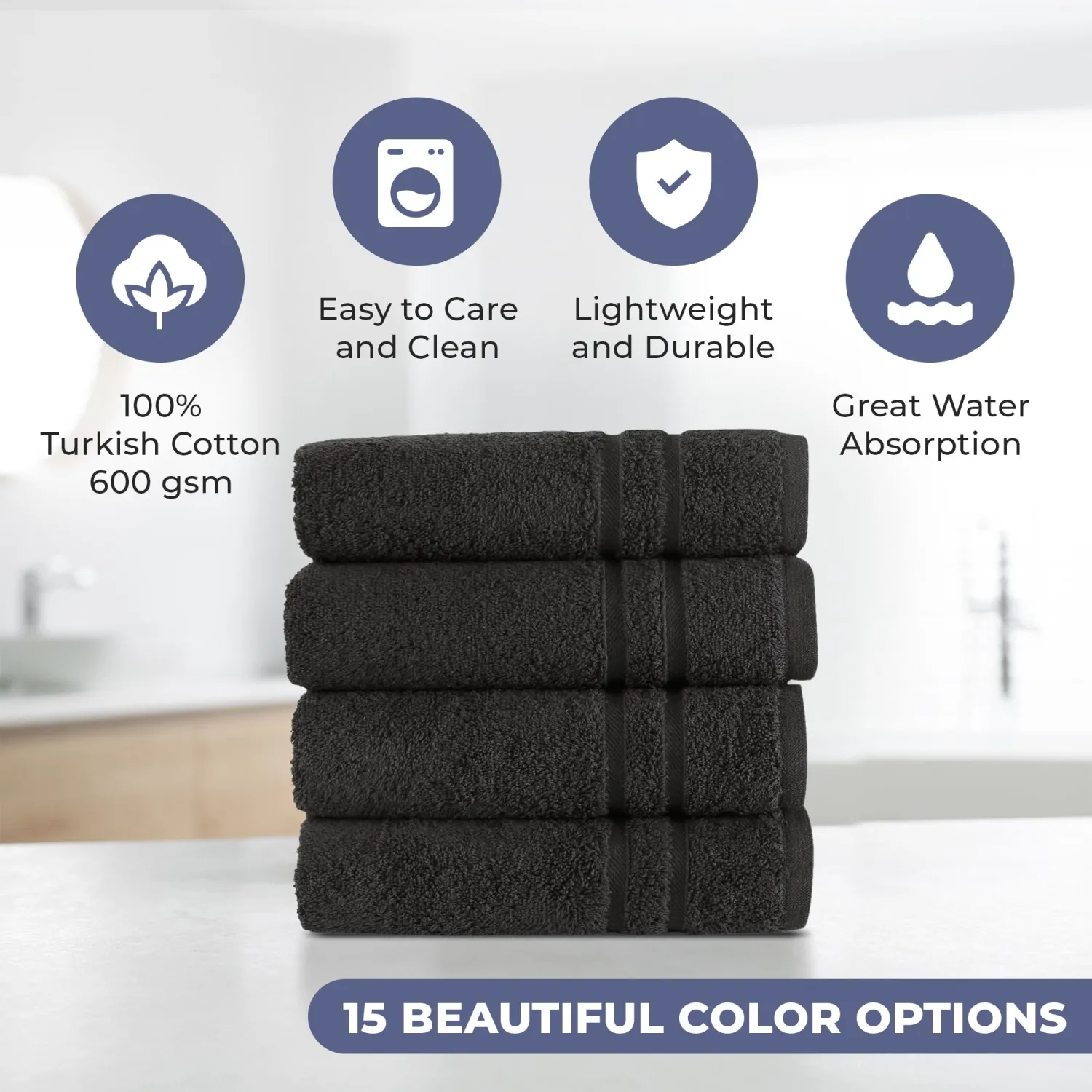 Hammam Linen Black Hand Towels 4-Pack - 16 x 29 Turkish Cotton Premium Quality Soft and Absorbent Small Towels for Bathroom