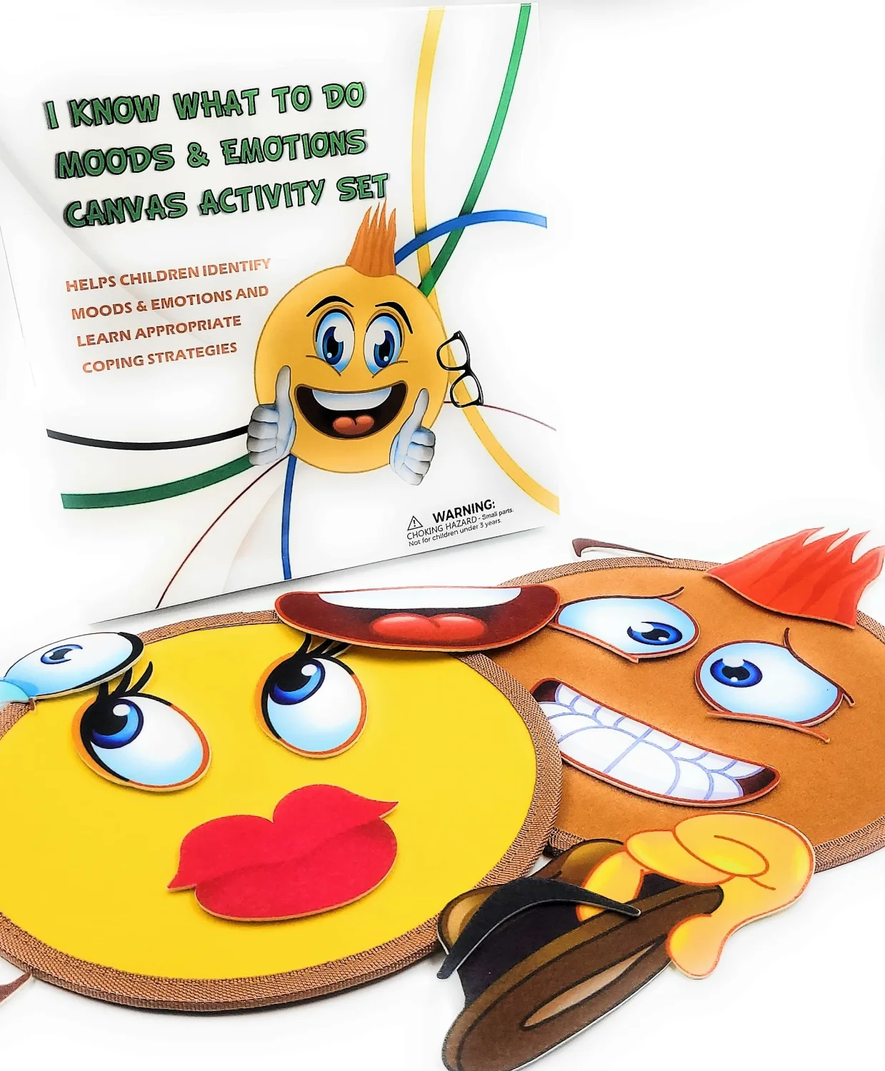 Thought-Spot: Emotions Canvas Activity Set; Social Activity Game; Make Faces, Describe/Express Feelings; 2 Canvases; 12 Double-Sided/Emotion Cards, 55pc Facial Expressions; Preschool Kids Ages 3+