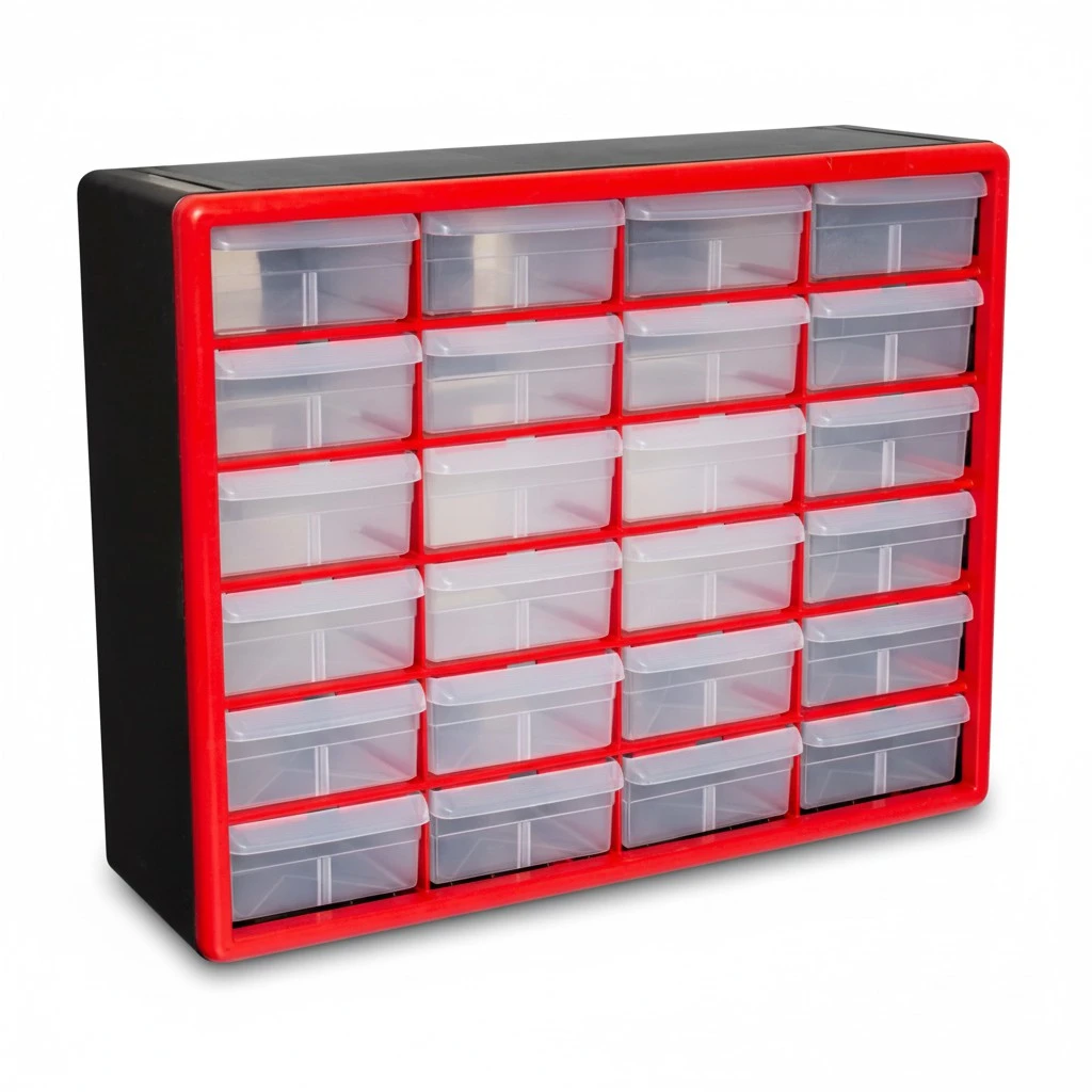 Akro-Mils 10124, 24 Drawer Plastic Parts Storage Hardware and Craft Cabinet, 20-Inch W x 6-Inch D x 16-Inch H, Red