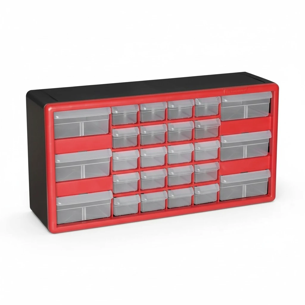 Akro-Mils 10126, 26 Drawer Plastic Parts Storage Hardware and Craft Cabinet, 20-Inch W x 6-Inch D x 10-Inch H, Red