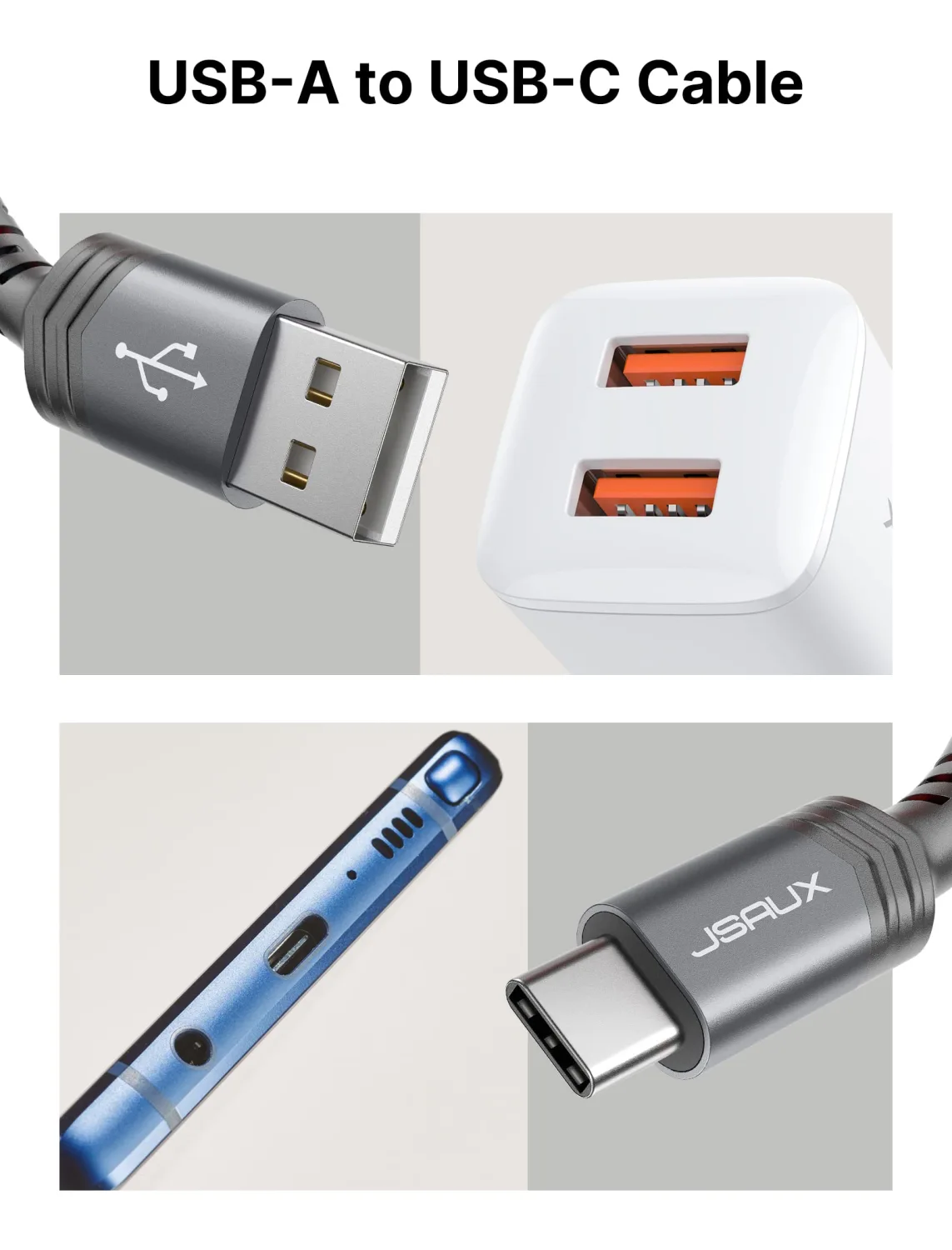 JSAUX USB-C to USB A Cable 3.1A Fast Charging [2-Pack 6.6ft], USB Type C Charger Cord Compatible with Samsung Galaxy S10 S9 S8 S20 Plus A51 A12 A11, Note 10 9 8, PS5 Controller -Grey