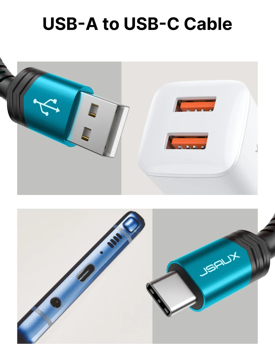 JSAUX USB-C to USB A Cable 3.1A Fast Charging [2-Pack 10ft], USB Type C Charger Cord Compatible with Samsung Galaxy S10 S9 S8 S20 Plus A51 A12 A11, Note 10 9 8, PS5 Controller USB C Charger-Green