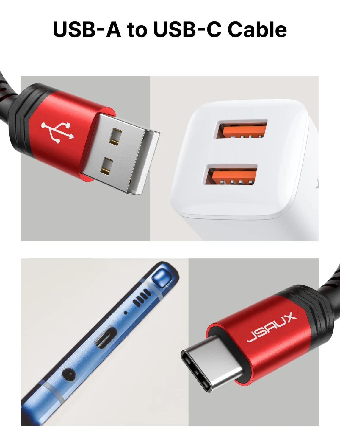 USB-C to USB A Cable 3.1A Fast Charging [2-Pack 3.3ft], JSAUX USB Type C Charger Cord Compatible with Samsung Galaxy S20 S10 S9 S8 A51 A13, Note 20 10, LG G8 G7, iPhone 15/15 Pro Max USB C Charger-Red