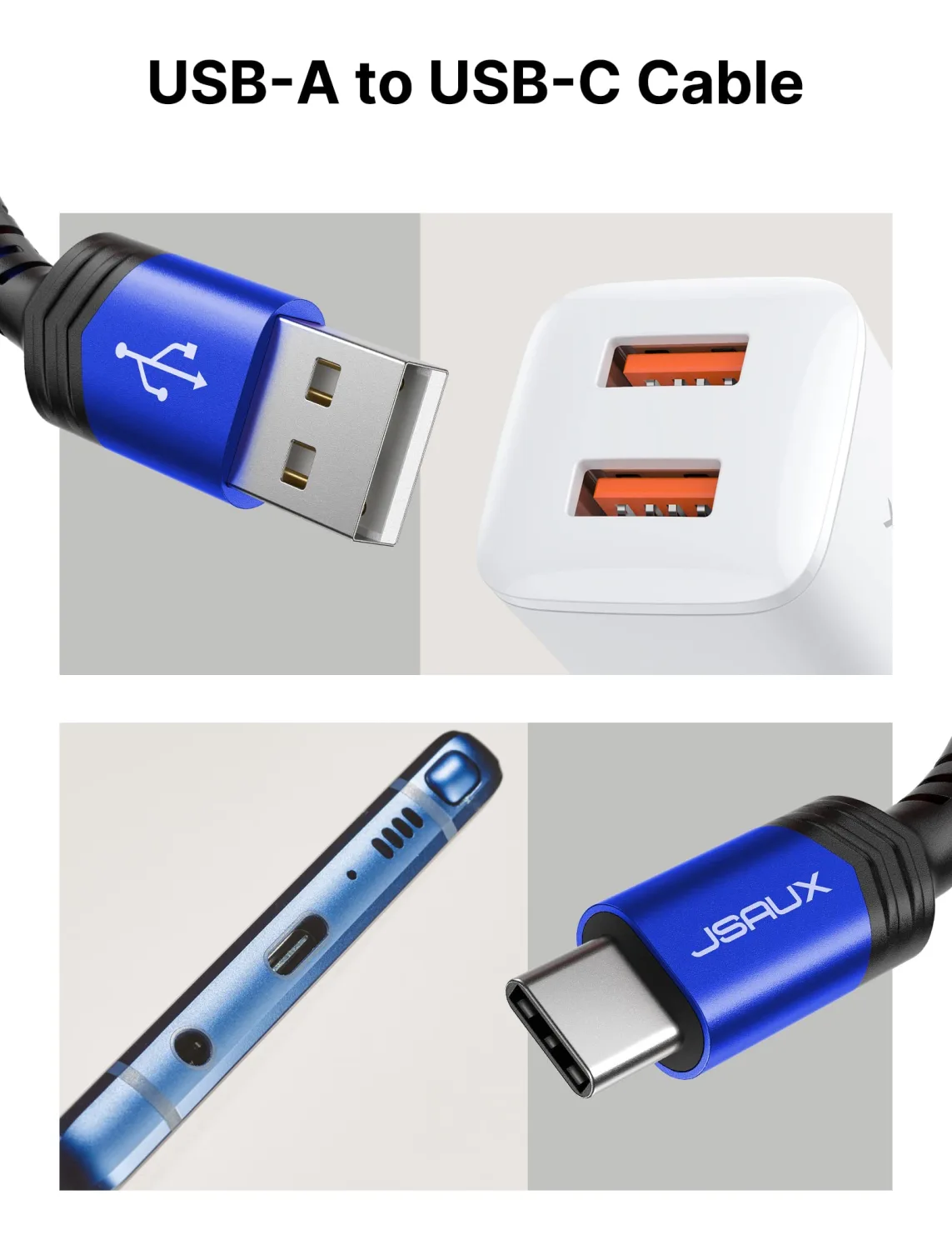 JSAUX USB-C to USB A Cable 3.1A Fast Charging [2-Pack 6.6ft], USB Type C Charger Cord Compatible with Samsung Galaxy S10 S9 S8 S20 Plus A51 A12 A11, Note 10 9 8, PS5 Controller USB C Charger-Blue