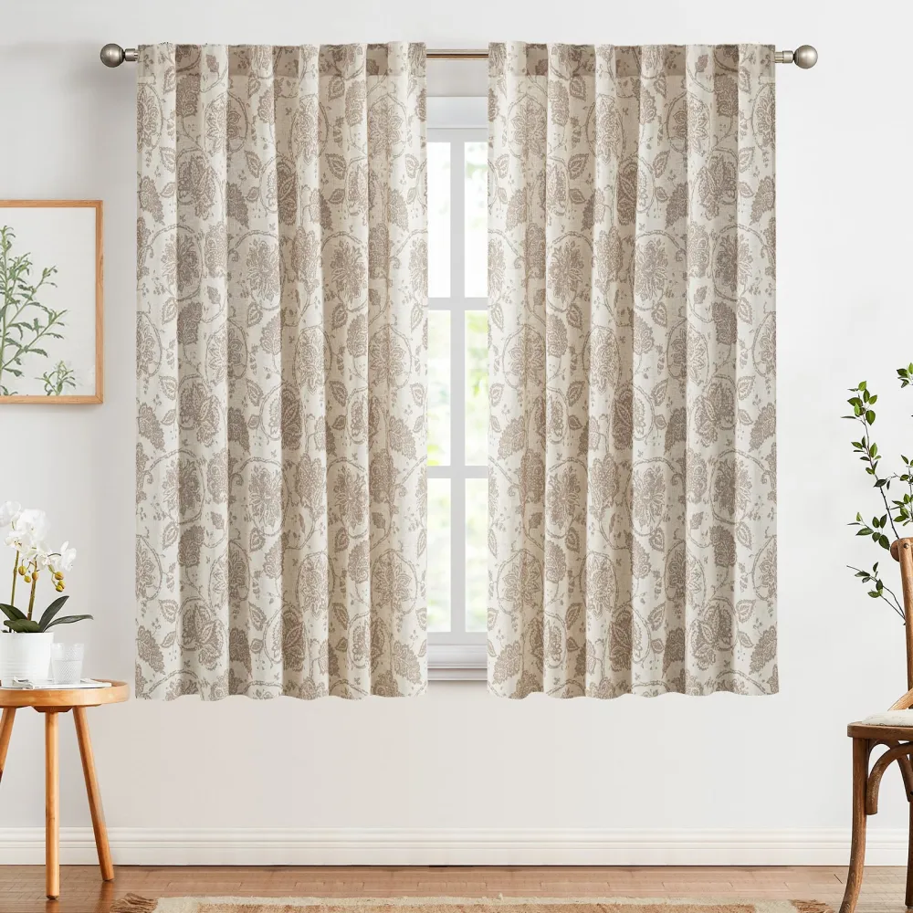 jinchan Linen Curtains for Living Room, Taupe Floral Paisley Patterned Curtains 63 Inch Length, Light Filtering Ikat Drapes for Bedroom, Vintage Farmhouse Window Treatments, Back Tab 2 Panels, Taupe