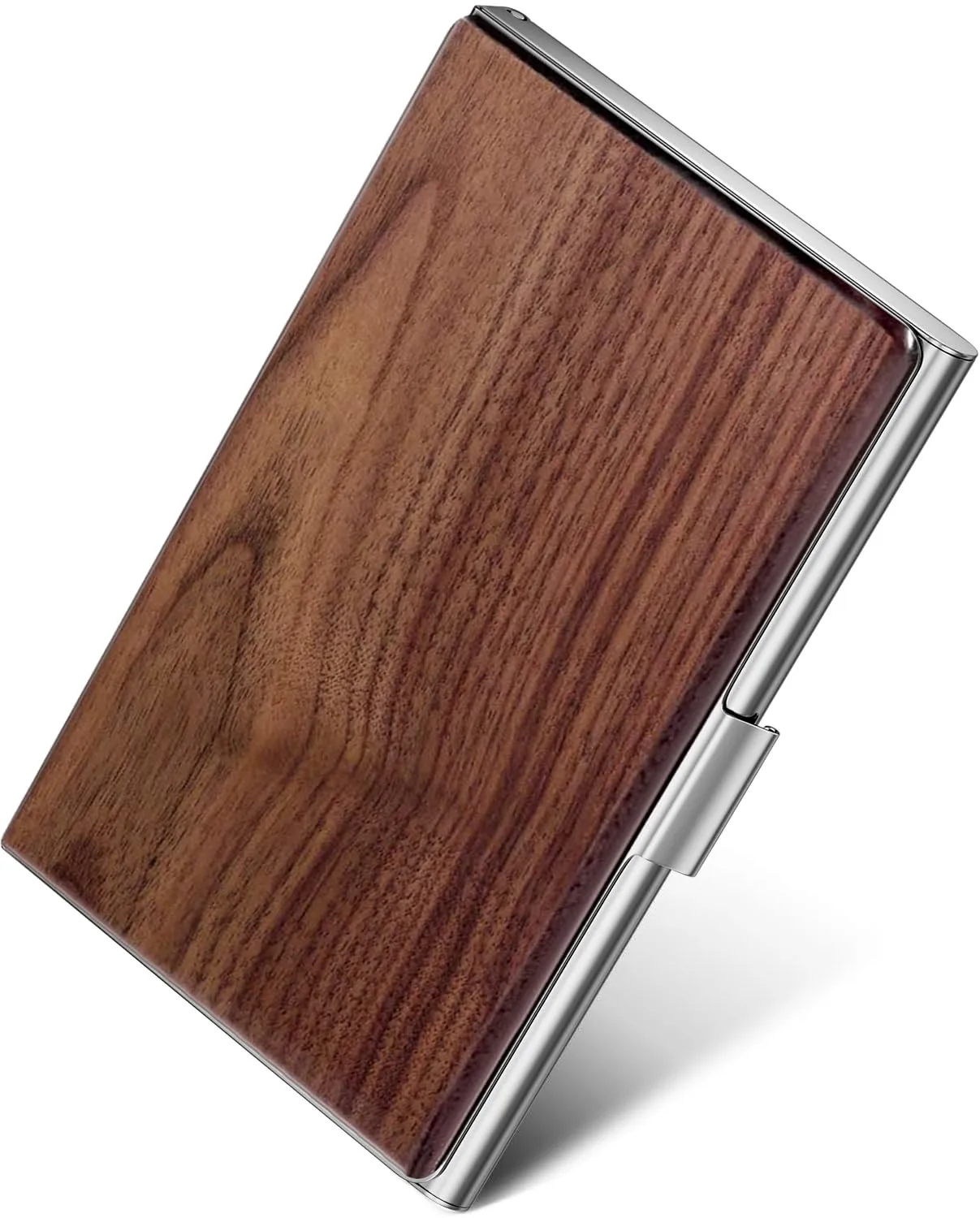 MaxGear Walnut Wood Business Card Holder for Women & Men, Pocket Business Card Case Slim Business Card Wallet Business Card Holders Name Card Holder, 3.7 x 2.3 x 0.48 inches, Walnut & Stainless Steel