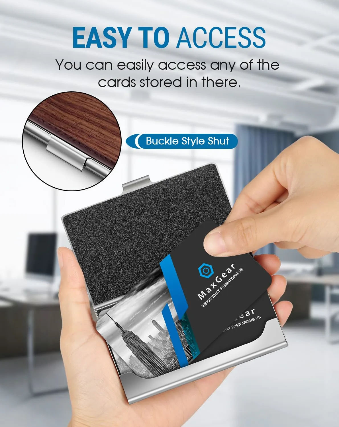 MaxGear Walnut Wood Business Card Holder for Women & Men, Pocket Business Card Case Slim Business Card Wallet Business Card Holders Name Card Holder, 3.7 x 2.3 x 0.48 inches, Walnut & Stainless Steel