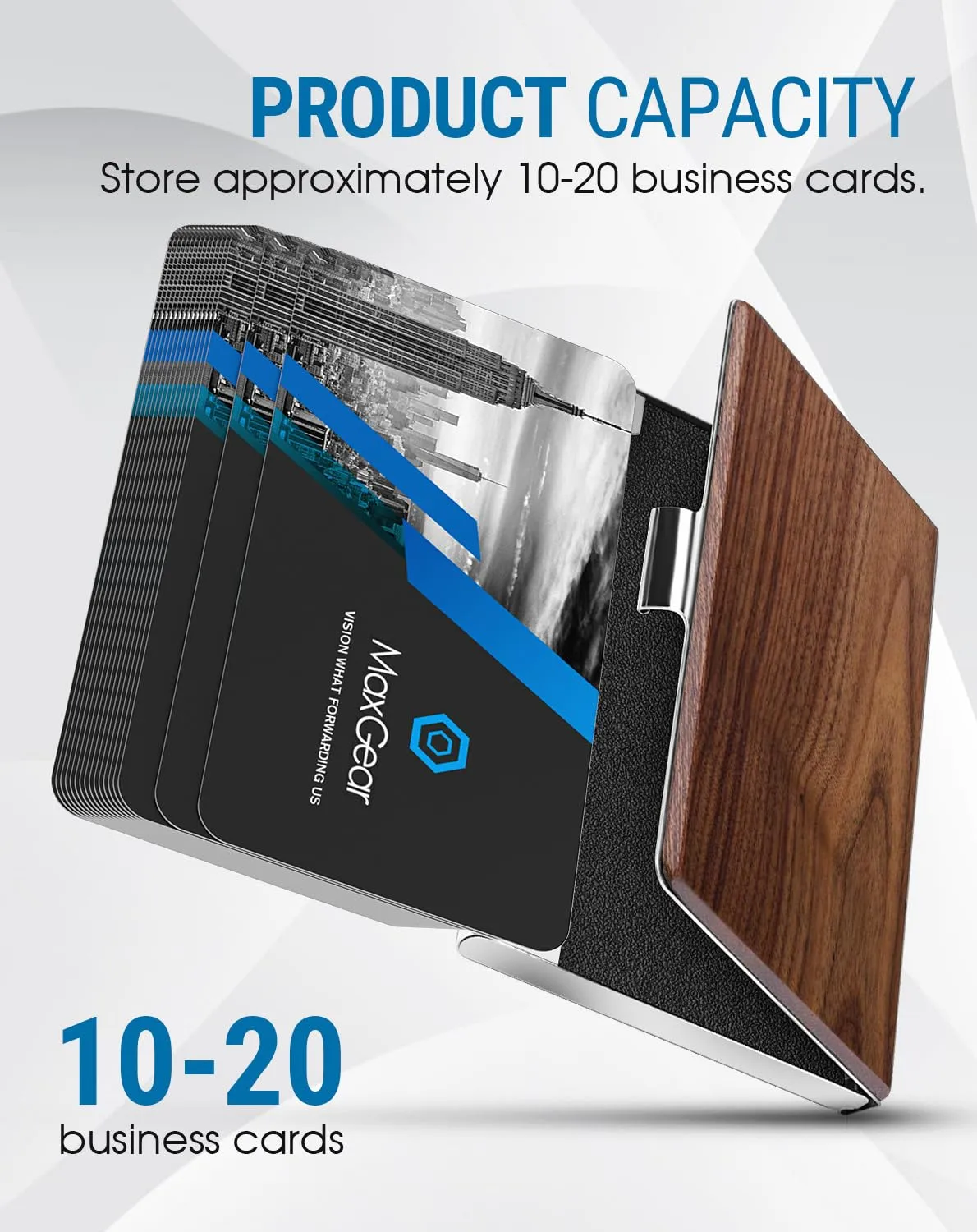 MaxGear Walnut Wood Business Card Holder for Women & Men, Pocket Business Card Case Slim Business Card Wallet Business Card Holders Name Card Holder, 3.7 x 2.3 x 0.48 inches, Walnut & Stainless Steel