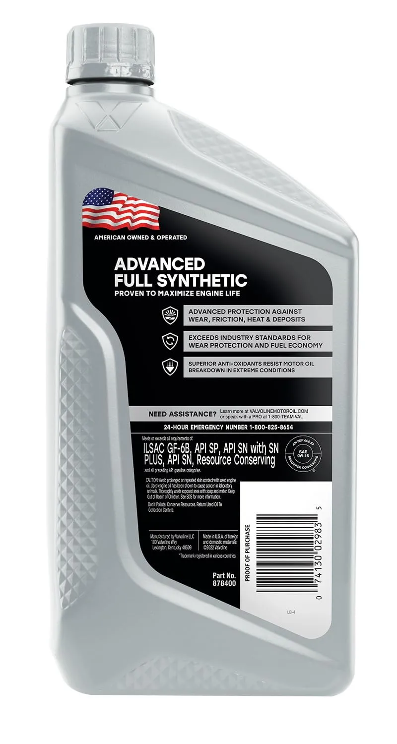 Valvoline Advanced Full Synthetic SAE 0W-16 Motor Oil 1 QT