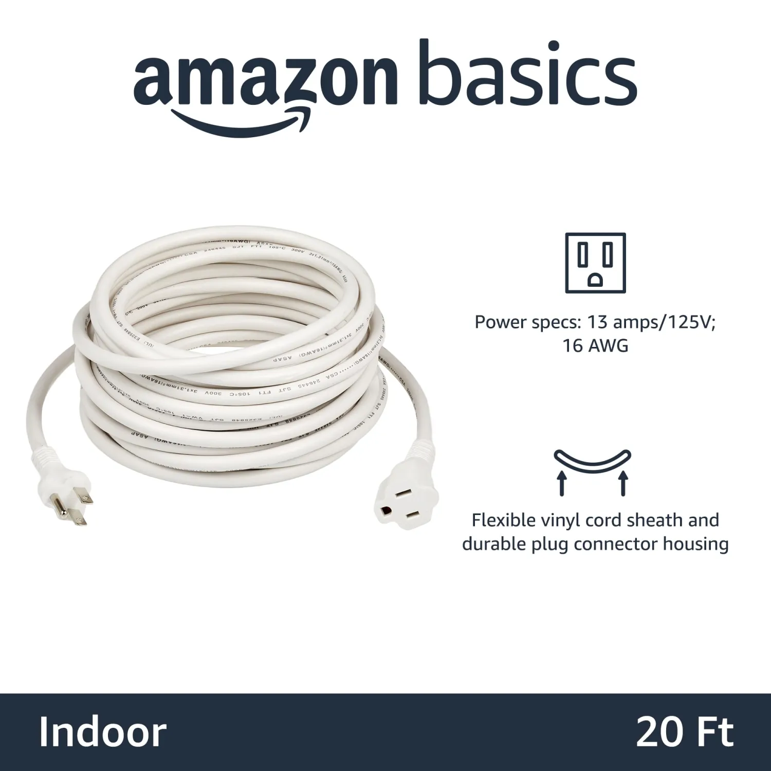 Amazon Basics Extension Cord, 20 Ft, 3 Prong Outlet Extender, Indoor Extension Cord, 13 Amps, 125V, White