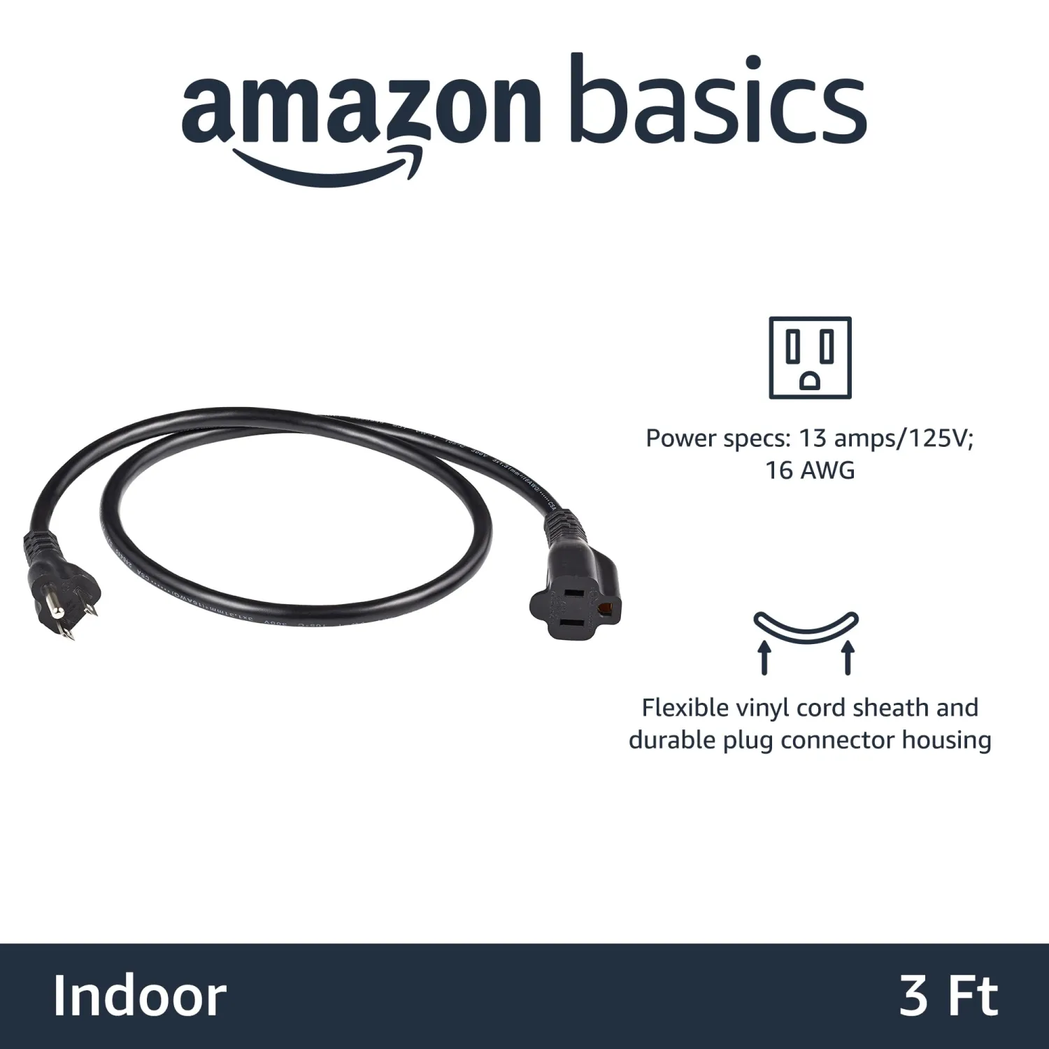 Amazon Basics Extension Cord, 3 Ft, 3 Prong Outlet Extender, Indoor Extension Cord, 13 Amps, 125V, Black