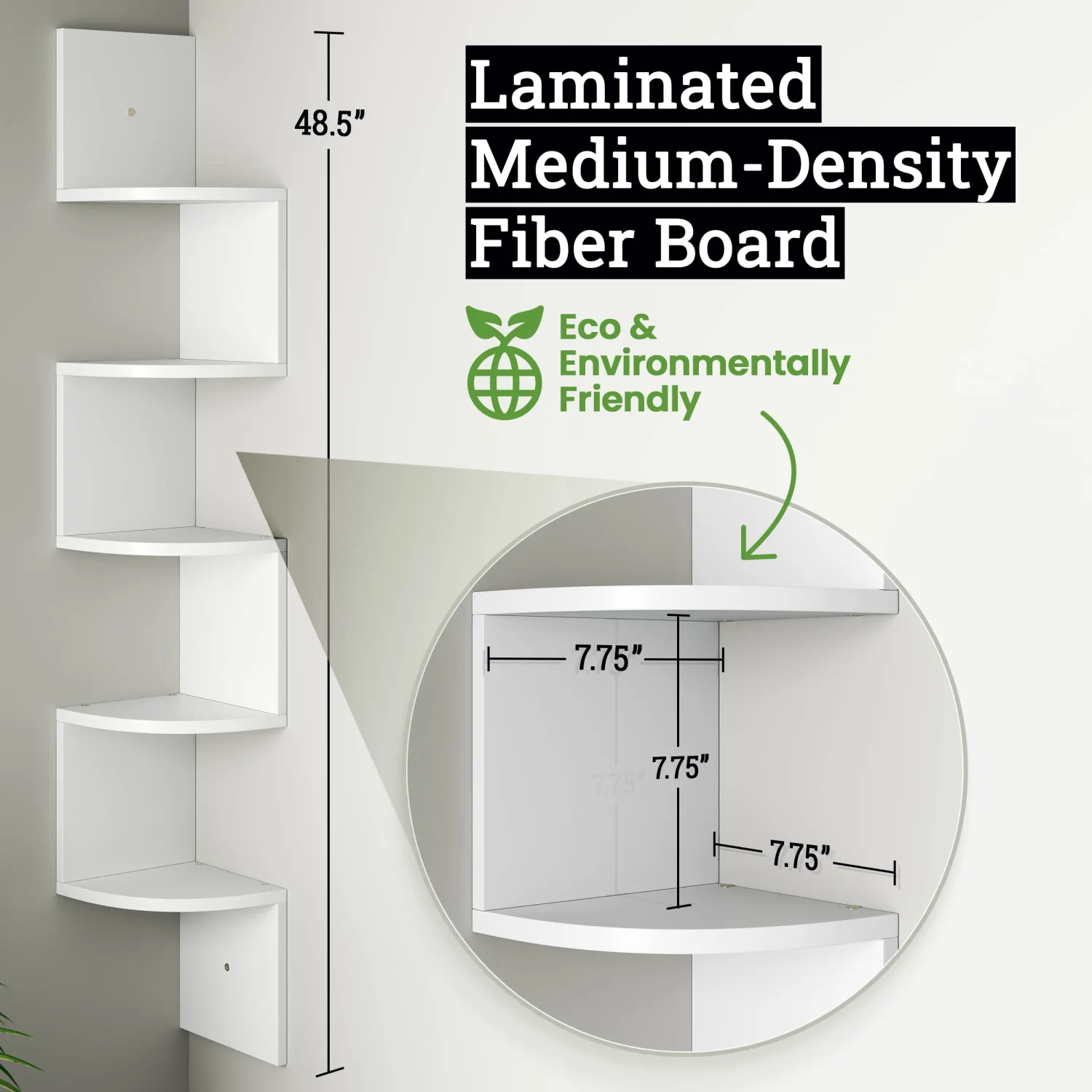 Greenco 5-Tier Floating Corner Shelves, Wall Organizer Storage, Easy-to-Assemble Wall Mount Shelves for Bedrooms, Bathroom, Kitchen, Offices, and Living Rooms(Rustic White Finish)