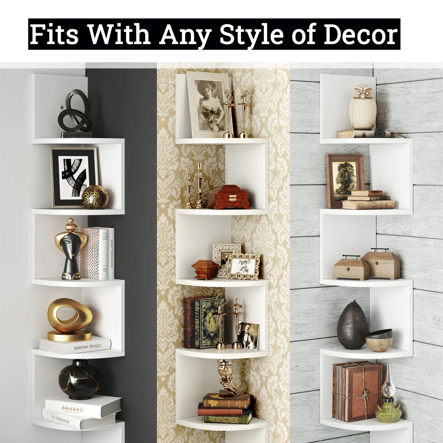 Greenco 5-Tier Floating Corner Shelves, Wall Organizer Storage, Easy-to-Assemble Wall Mount Shelves for Bedrooms, Bathroom, Kitchen, Offices, and Living Rooms(Rustic White Finish)
