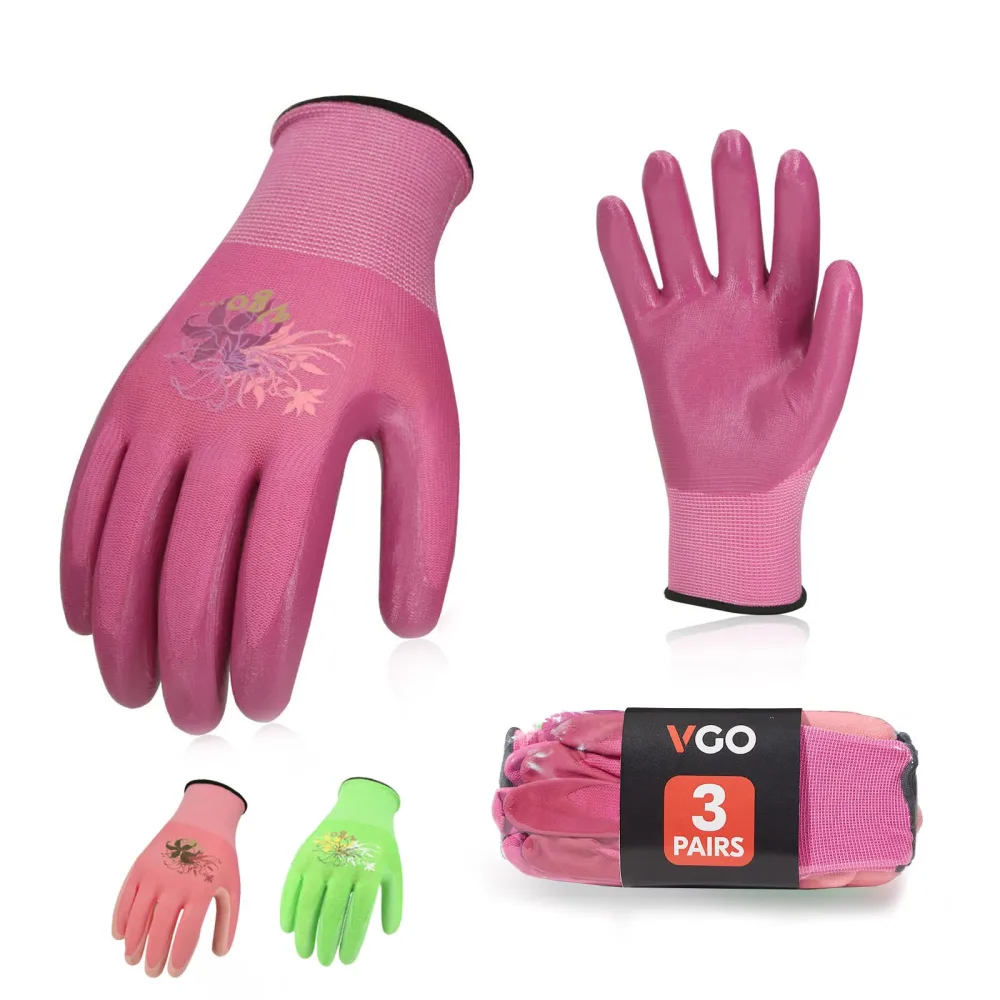 Vgo... 3Pairs Ladies' Nitrile Coating Gardening and Work Gloves (Size M, Green & Pink & Purple, NT2110)