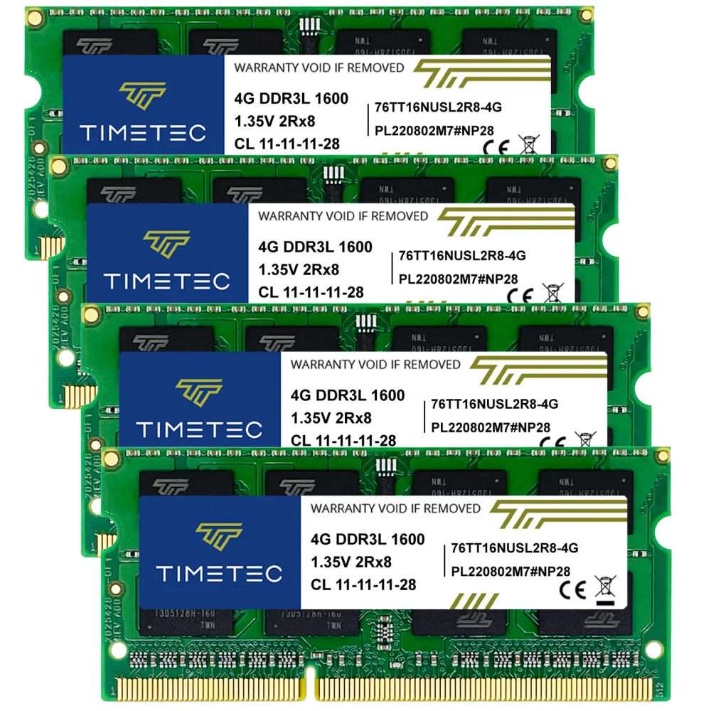 Timetec 16GB KIT(4x4GB) DDR3L / DDR3 1600MHz PC3L-12800 / PC3-12800 Non-ECC Unbuffered 1.35V / 1.5V CL11 2Rx8 Dual Rank 204 Pin SODIMM Laptop Notebook PC Computer Memory RAM Module Upgrade