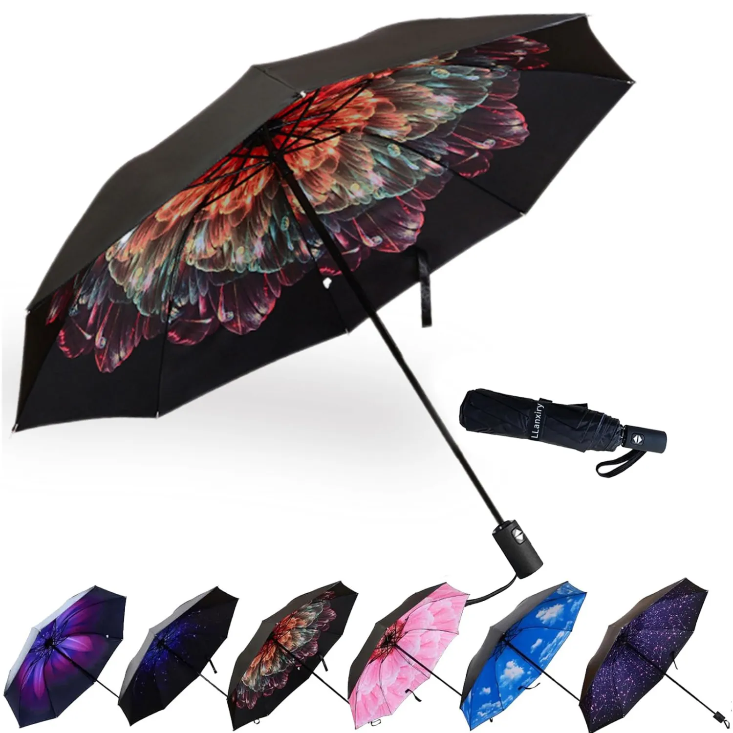 LLanxiry Compact Travel Umbrella,Windproof Waterproof Stick Umbrella Anti-UV Protection Golf Umbrellas