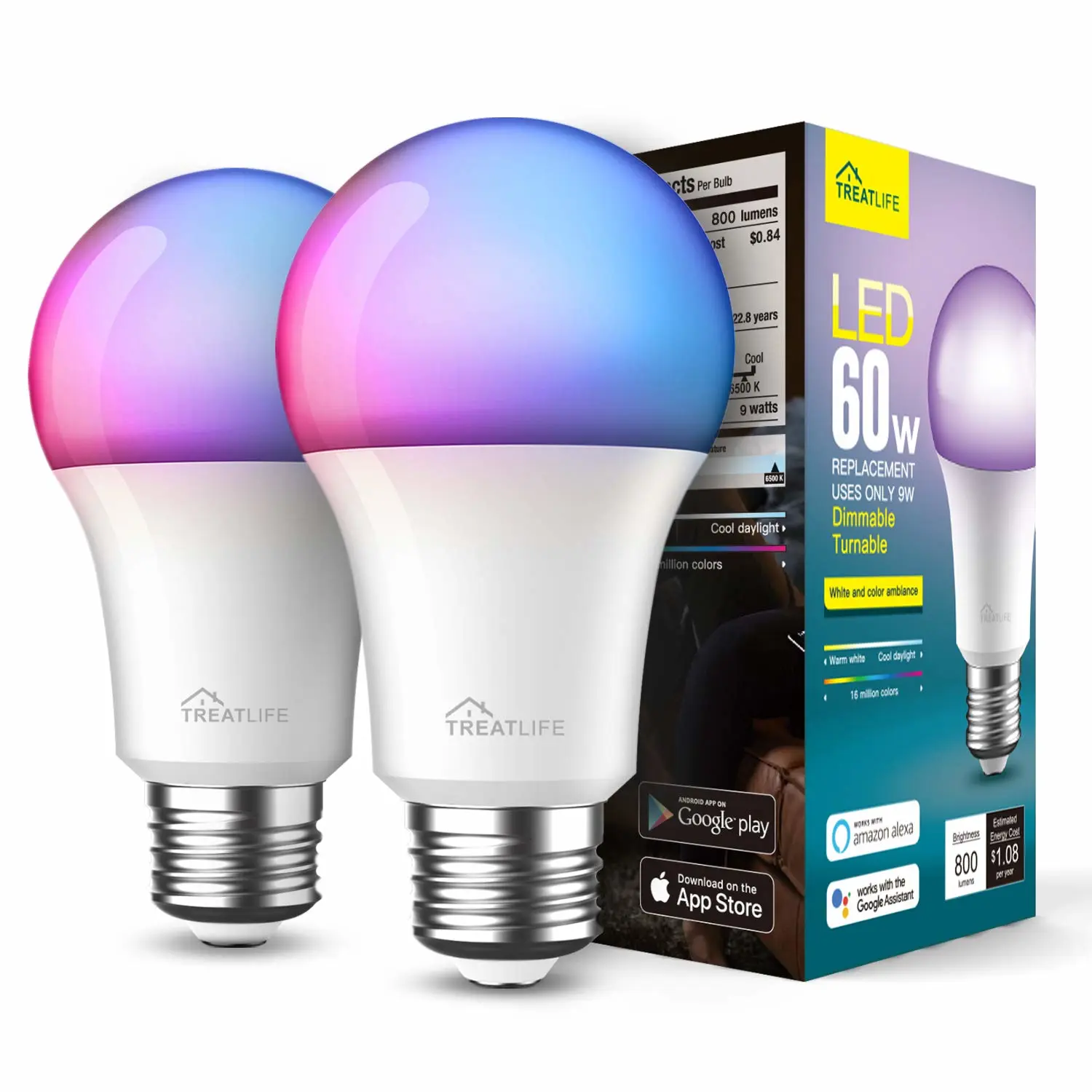 Treatlife Smart Light Bulb, Dimmable Multicolor and White LED Bulb, Compatible with Alexa, Google Assistant, A19 E26 8W (60W Equivalent), No Hub Required, 2 Pack