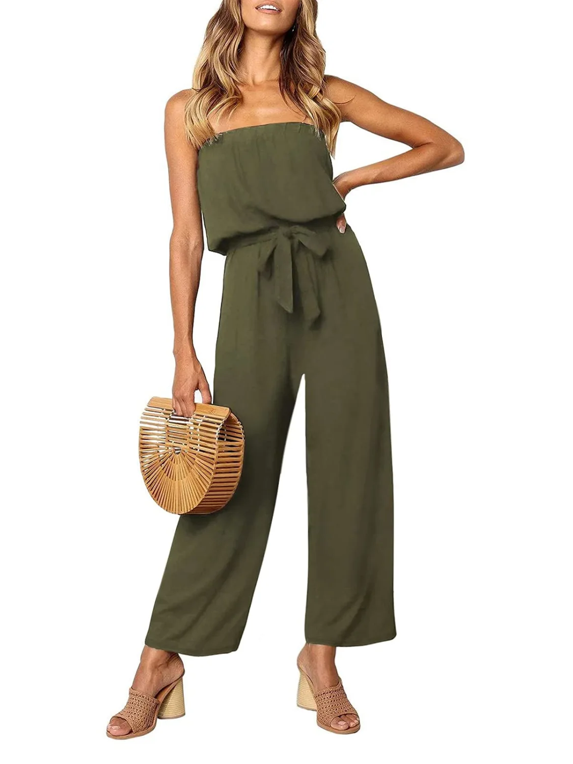 ZESICA Women's 2023 Casual Off Shoulder Solid Color Strapless Belted Wide Leg Jumpsuit Romper