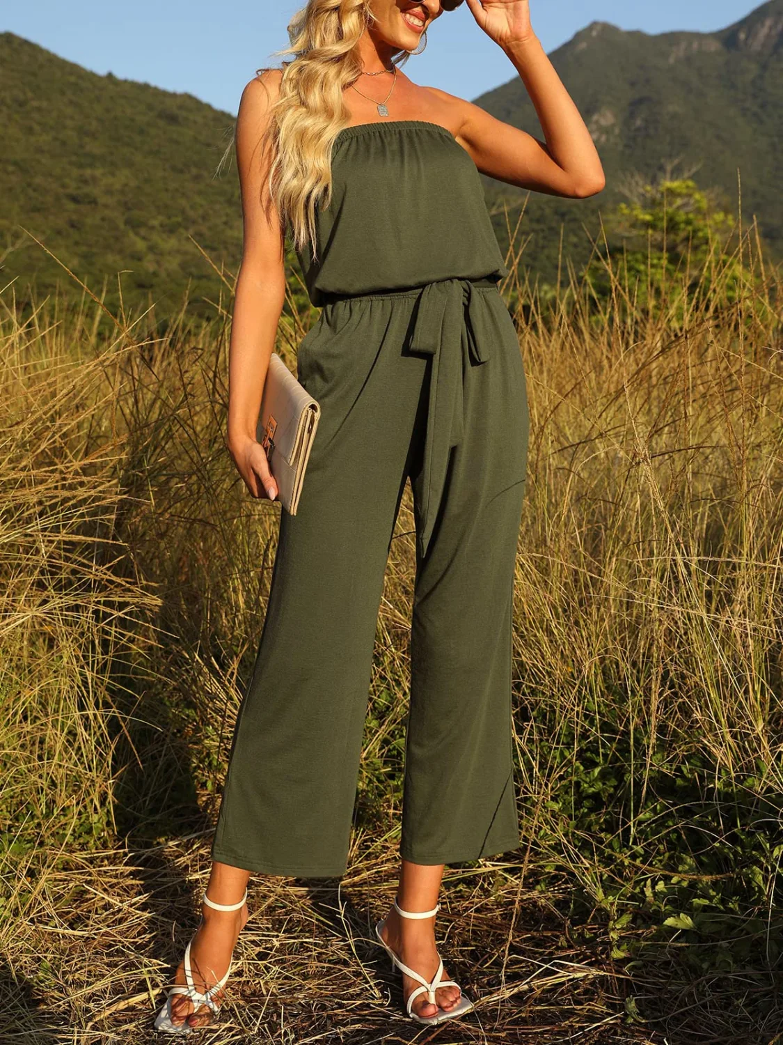 ZESICA Women's 2023 Casual Off Shoulder Solid Color Strapless Belted Wide Leg Jumpsuit Romper