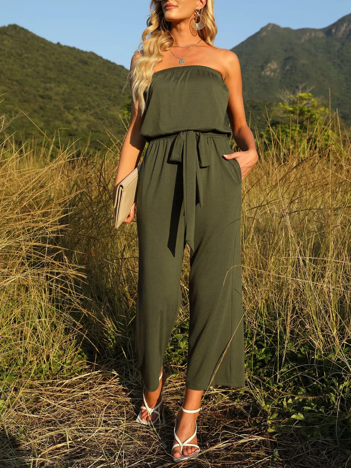ZESICA Women's 2023 Casual Off Shoulder Solid Color Strapless Belted Wide Leg Jumpsuit Romper