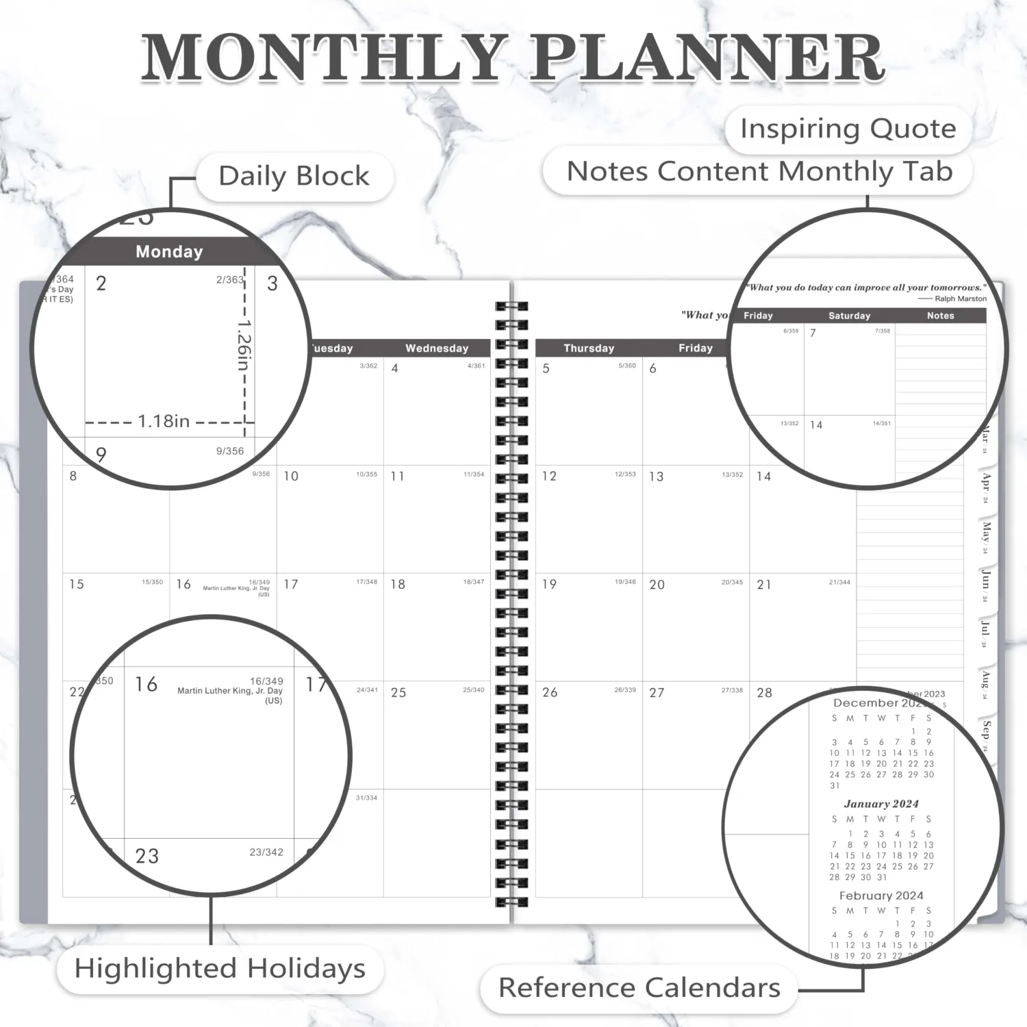 2024-2025 Monthly Planner - 24 Monthly Planner from Jan. 2024 to Dec. 2025, Monthly Planner 2024-2025, 9'' x 11'', Inner Pocket, 24 Month Tabs - Grey