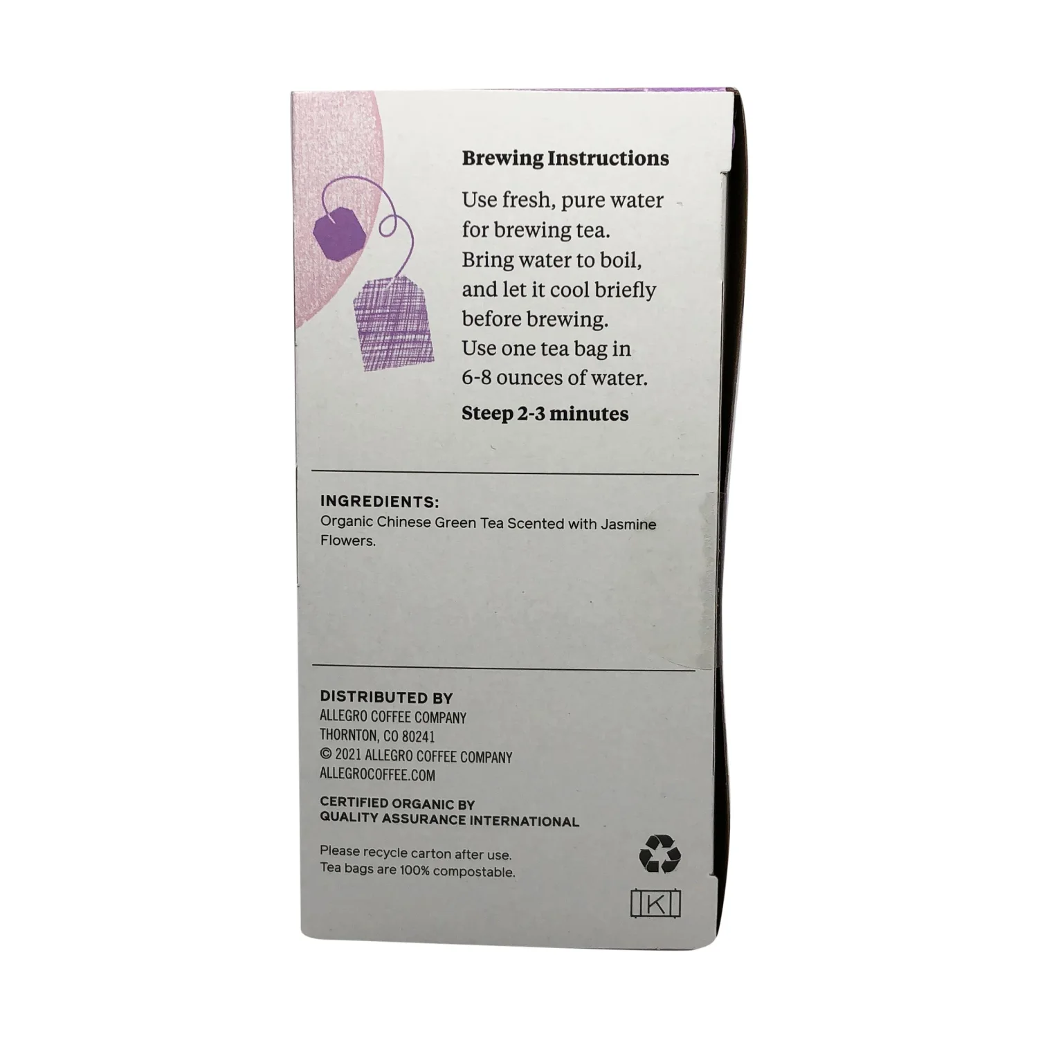 Allegro Tea, Organic Jasmine Green Tea Bags, 20 ct