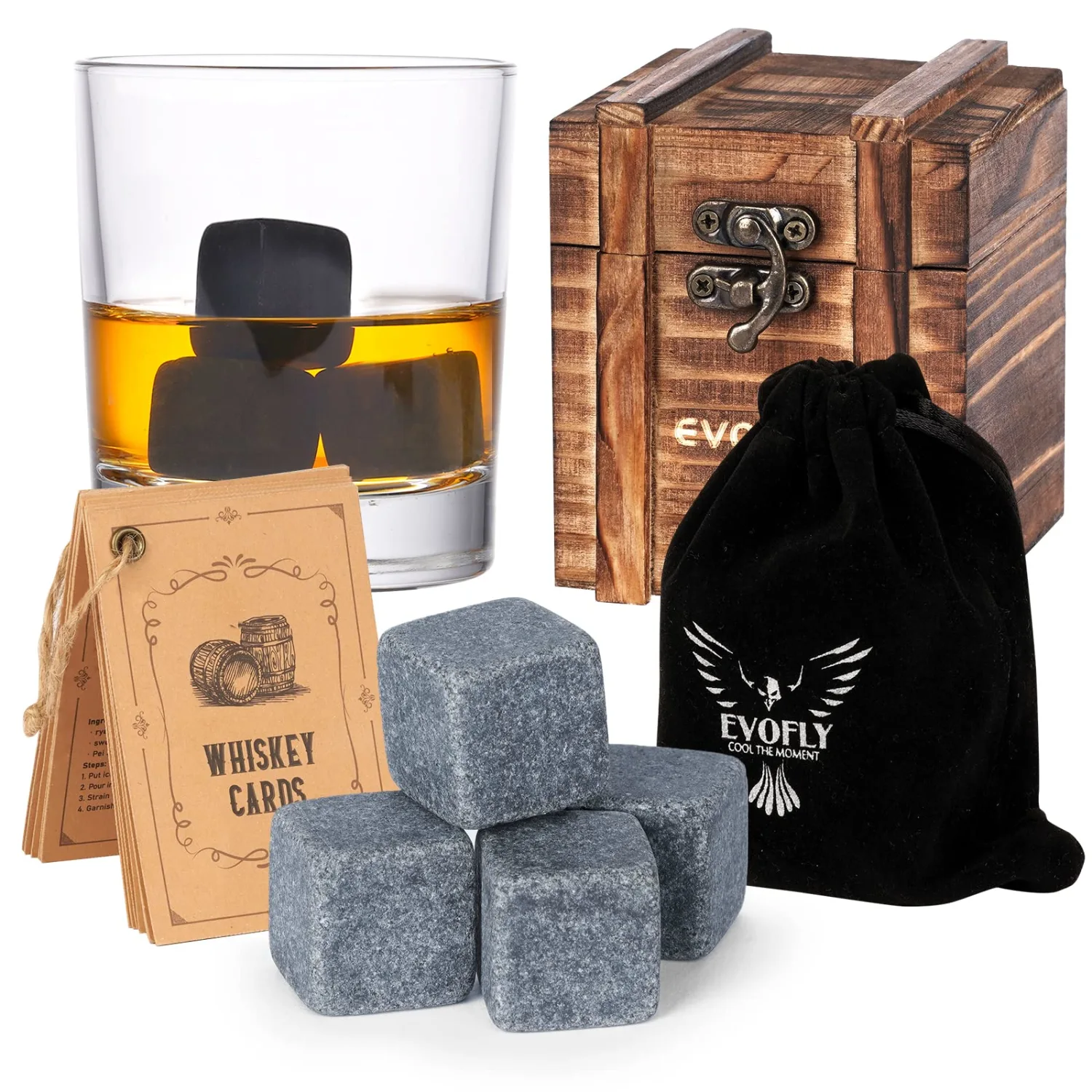 Gifts for Men, Gifts for Dad Husband, 6 Pieces Whiskey Stones with Wooden Box, Unique Anniversary Birthday Gift Ideas for Grandpa Uncle, Man Cave Stuff Bourbon Presents