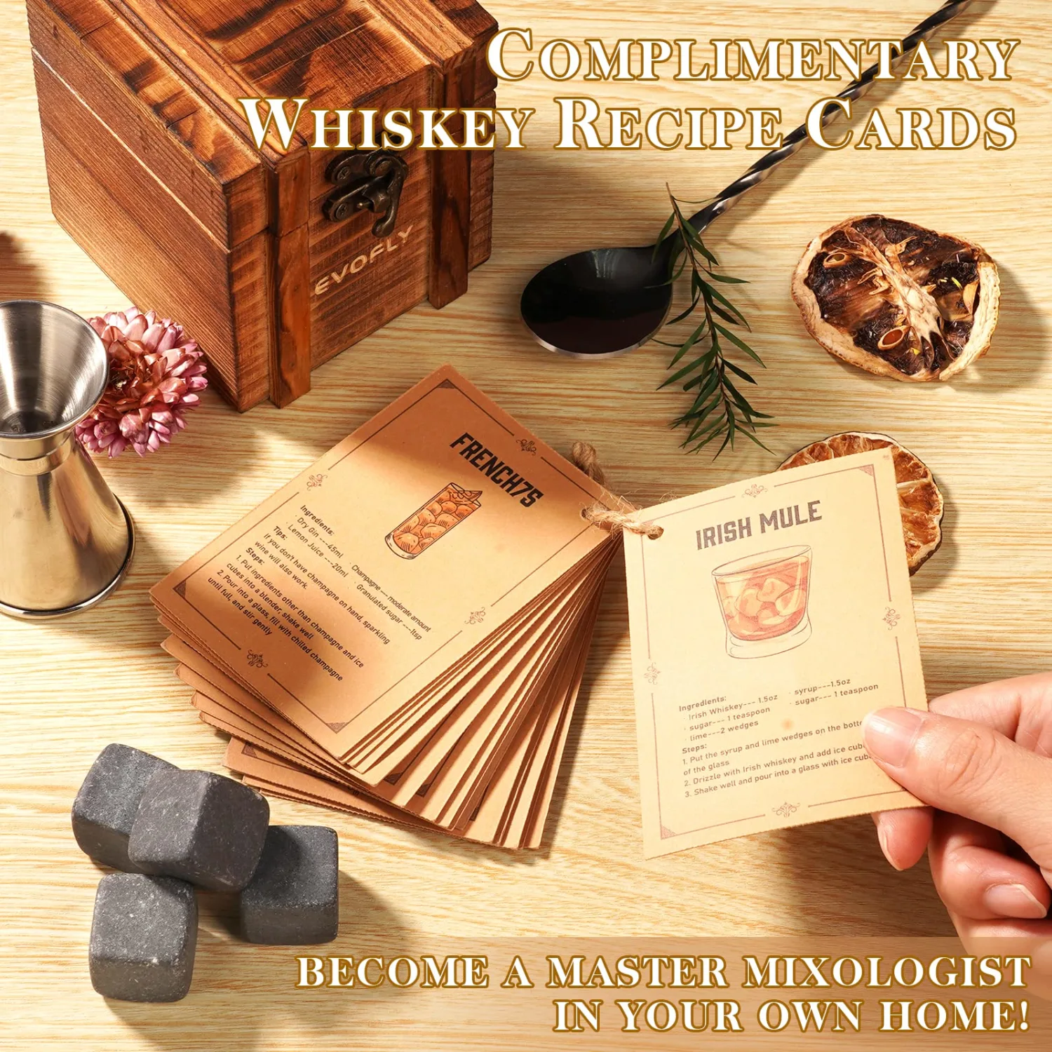 Gifts for Men, Gifts for Dad Husband, 6 Pieces Whiskey Stones with Wooden Box, Unique Anniversary Birthday Gift Ideas for Grandpa Uncle, Man Cave Stuff Bourbon Presents