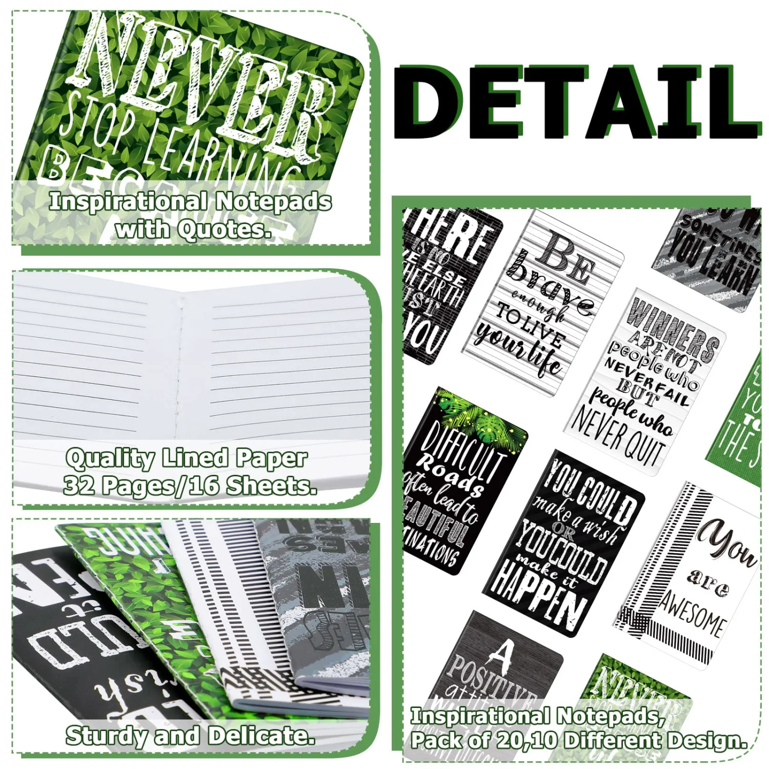 Inspirational Gifts Notepads Mini Motivational Journal Notebook Bulk Small Pocket Notepads for Office Home Church Christian Gift Supplies, 10 Styles(Cool Style,20 Pieces)